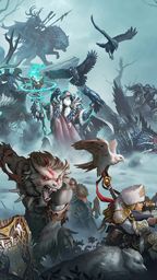 A dynamic scene features a variety of characters and creatures from the Old Umbrey Command Starter and Battlegroup Box. In the foreground, a fierce, wolf-like warbeast with red markings stands alongside a soldier aiming a rifle, while a small bird perches nearby. In the background, a witch in flowing robes commands a spectral figure, flanked by various warbeasts and warriors, all set against a misty, eerie landscape filled with twisted trees and shadowy figures.