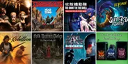 Top left: STARBREAKER, YEAR ZERO ENGINE, street scene with armed figures.
Top right: THE GHOST IN THE SHELL, woman with blue hair and cybernetic body.
Bottom left: Folk Horror Tales, miniatures of robed figures.
Bottom right: STEEL