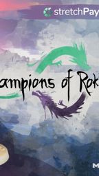 A stylized graphic features the title "Champions of Rokugan" prominently in a bold, artistic font. Below the title, a detailed miniature figure of a samurai is depicted, poised with a weapon, set against a colorful, abstract background that includes shades of blue, pink, and green. The image also includes icons for stretchPay and flags representing the UK and France, along with the Monolith logo in the bottom right corner.