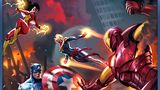 A dynamic scene features several iconic superheroes engaged in battle amidst a chaotic urban backdrop. On the left, a female hero with red and yellow attire unleashes energy blasts, while a flying hero in a blue and gold costume, likely Captain Marvel, propels forward. In the foreground, Iron Man, clad in his red and gold armor, prepares to strike, and Captain America stands resolutely, holding his shield emblazoned with a star. The atmosphere is charged with tension, reflecting the theme of hero versus hero.