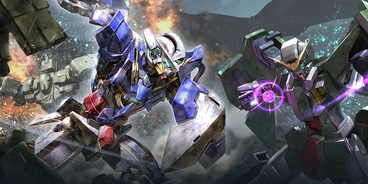 A collection of Gundam trading cards is displayed, featuring various characters and mobile suits from the franchise. Prominently in the foreground is a card depicting 