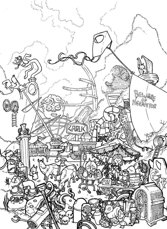 Line-art illustration of a chaotic, densely packed scene set inside a large, spherical structure labeled "JUNKSPHERE." The sphere's interior is filled with various platforms, ladders, ramps, and mechanical components, resembling a junkyard or workshop.

Numerous humanoid figures are scattered throughout the scene, engaged in different activities. Some appear to be climbing, working, or interacting with objects. A few figures are holding or surrounded by what look like tools, crates, and machinery parts.

Several animals, including what appear to be goats and pigs, are also present, some standing on platforms or near the humanoid figures.

A prominent sign in the center reads "KARLUK" with smaller text beneath it: "GUNZ STUF." Additional signs and labels include "EGGS SD," "COOLIO," and a warning sign on the upper right that reads "BEWARE OF NEGANTOR."

The scene is bustling with activity, with various mechanical and structural elements creating a layered, intricate environment.
