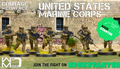 A group of five U.S. Marine miniatures is depicted, each in tactical gear and holding weapons, set against a backdrop of a weathered building with visible stone walls and a window. The miniatures are painted in a camouflage pattern, and they stand on circular bases with tufts of grass around them. The text "COURAGE IN CONTACT" and "UNITED STATES MARINE CORPS" is prominently displayed, along with a call to action to "JOIN THE FIGHT ON KICKSTARTER."