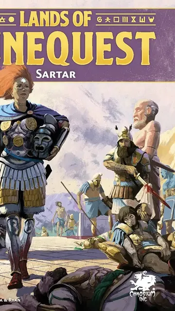 Cover art for Lands of RuneQuest: Sartar. Central figure with red hair, armor, and a blue cloak stands holding a shield with a rune design. Behind, an elderly man in robes and a warrior with spear. Title reads "LANDS OF RUNEQUEST Sartar" with ancient symbols above.