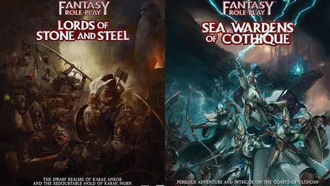 The image features two book covers for Warhammer Fantasy Roleplay. On the left, "Lords of Stone and Steel" showcases a dramatic scene with Dwarfs in battle, wielding axes and shields, set against a backdrop of a fiery forge. On the right, "Sea Wardens of Cothique" depicts a coastal scene with High Elves, one wielding a sword, amidst turbulent waves and stormy skies, emphasizing themes of adventure and intrigue. Both covers prominently display their titles and thematic elements related to their respective settings.