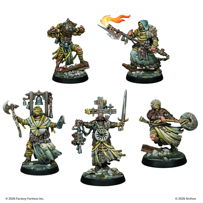 A collection of six intricately designed miniatures from the "Carcass Front" expansion of the Trench Crusade game. The figures include a warrior wielding a flaming spear, a hooded figure with a rifle, and a character holding a large bell, among others. Each miniature features detailed textures and colors, showcasing a grimdark aesthetic with elements like tattered clothing and various weapons, set against a rocky base.