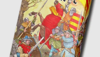 A vibrant box cover for the game "Cry Havoc" features a chaotic medieval battle scene. Various armored figures, including knights and foot soldiers, engage in combat, wielding swords and shields, while a large figure in a red cloak commands attention in the center. The background includes trees and a colorful banner, enhancing the dynamic atmosphere of the artwork.
