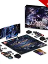 Solo Leveling board game box, components, and hexagonal game board with miniatures and cards.