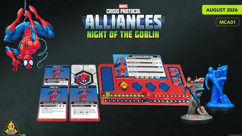 Spider-Man is depicted hanging upside down, showcasing his iconic red and blue costume, complete with webbing details. To the right, there are three character cards labeled "Spectacular Spider-Man," indicating different levels of abilities, with descriptions and stats for Level-Up 3 and Level-Up 4. A game board element is also visible, featuring spaces for tracking abilities and resources, along with a colorful design that complements the overall theme of the game. The title "MARVEL CRISIS PROTOCOL ALLIANCES: NIGHT OF THE GOBLIN" is prominently displayed at the top.