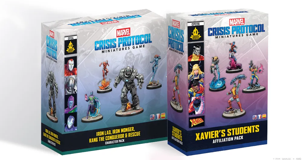 Two character packs for Marvel: Crisis Protocol are displayed side by side. On the left, the "Iron Lad, Iron Monger, Kang the Conqueror & Rescue" pack features a dark box with images of the characters, including a menacing Iron Monger and a sleek Iron Lad. On the right, the "Xavier’s Students Affiliation Pack" showcases a lighter box with illustrations of mutant heroes like Colossus and Nightcrawler, each depicted in dynamic poses. Both packs highlight the miniatures prominently, emphasizing their detailed designs.