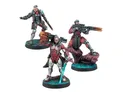 A trio of miniatures from the Combined Army Action Pack features three distinct characters, each posed dynamically on circular bases. The first figure, on the left, is dressed in a tactical outfit with a cybernetic arm and holds a weapon. The central figure, clad in a sleek, armored suit, wields a glowing sword and has a determined expression. The third figure, on the right, is dressed in a long coat and aims a futuristic rifle, showcasing a blend of human and alien enhancements. The bases are detailed with a textured surface, enhancing the sci-fi theme.