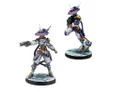 A futuristic miniature character stands in a dynamic pose, wearing a flowing white and purple outfit, complete with a wide-brimmed hat adorned with horns. The figure holds a futuristic pistol in one hand, while the other arm is raised, showcasing intricate mechanical details on the limbs. The base features a sleek, tech-inspired design, emphasizing the character's sci-fi aesthetic.