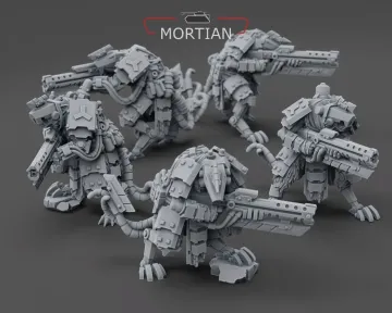 A group of five armored cyberrats is displayed, showcasing intricate details in their design. Each rat is equipped with distinctive rifles, featuring both long and short barrels, and is adorned with various mechanical components and armor plating. The models are presented in a gray, unpainted finish, highlighting their sci-fi aesthetic and the craftsmanship involved in their sculpting.