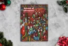 Advent of Adventure Solo Journaling Game calendar with numbered doors, Santa, dragon, and presents.