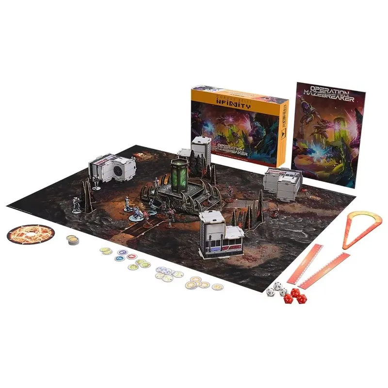 A tabletop gaming setup for "Operation: Mazebreaker," featuring a detailed game board with a dark, textured surface and various terrain elements, including futuristic buildings and a central green-lit structure. Surrounding the board are miniatures representing two factions: Nomads and ALEPH, positioned strategically among the terrain. The game box and rulebook are displayed prominently, along with tokens, dice, and measuring tools, indicating a complete gaming experience for two players.