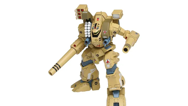 A 1/100 scale model kit of the Tomahawk mech, featuring a tan and beige color scheme with blue and red accents. The mech is posed dynamically, showcasing its bipedal stance, large arm-mounted cannon, and missile pods on its shoulder. Various decals are visible on the body, including a prominent emblem and the number "194."