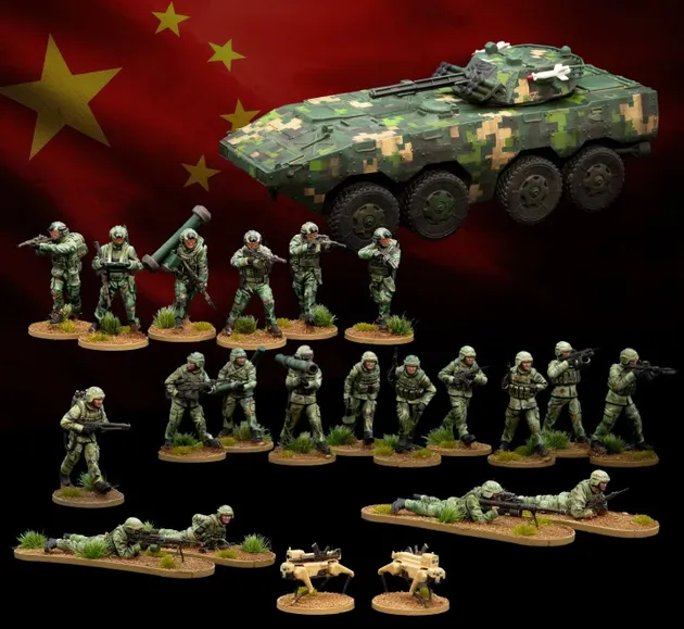 A collection of miniature figures representing China's People's Liberation Army (PLA) is displayed against a backdrop of the Chinese flag. The set includes various contemporary infantry soldiers in camouflage uniforms, special operations troops, and unmanned ground vehicles (UGVs). A prominently featured armored vehicle is also present, alongside soldiers in different poses, some standing with weapons, others in prone positions, and two quadruped UGVs positioned on the ground.