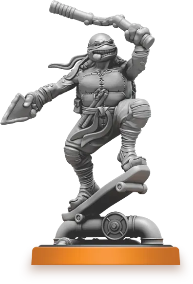 A detailed miniature of Michelangelo from the Teenage Mutant Ninja Turtles is depicted in a dynamic pose, standing on a skateboard. He holds a nunchaku in one hand and a slice of pizza in the other, showcasing his playful character. The figure is rendered in gray, highlighting its intricate design and features, and is mounted on an orange base.