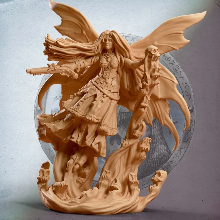 A faerie pirate figure with large, flowing wings and long hair, wielding a pistol in one hand and a staff adorned with skulls in the other. She wears a detailed outfit featuring a long skirt and various accessories, standing amidst swirling, ghostly tendrils. The background includes a circular design with intricate patterns, enhancing the mystical theme of the character.