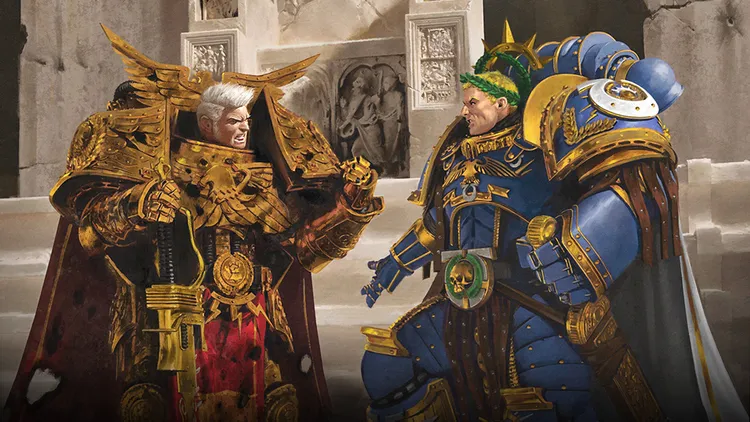 Two imposing Space Marine characters stand facing each other in a dramatic confrontation. On the left, a figure clad in ornate gold armor, adorned with skull motifs and a flowing red cape, exudes authority and intensity. Opposite him, a blue-armored Space Marine with a laurel crown and a confident expression stands ready, showcasing intricate details on his armor. The background features a partially ruined architectural setting, enhancing the epic atmosphere of their encounter.