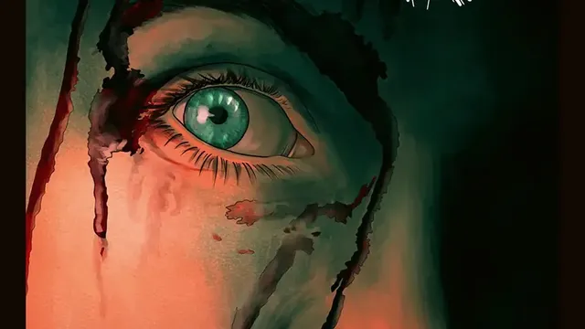 Close-up of a face in profile, blood dripping from mouth and nose, one visible green eye. White text above reads: "DON'T SPEAK!" Dark, eerie background.