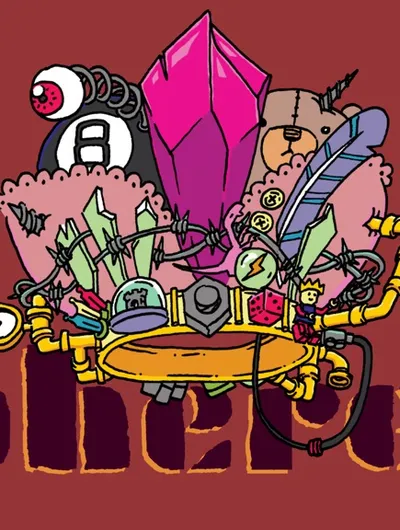 Stylized illustration featuring two characters against a deep red background. On the left, a humanoid figure with cat-like features, including pointed ears and a tail, clings to a large, jagged, gray winged shape resembling a broken or floating structure. The figure wears a sleeveless top and shorts.

On the right, a humanoid robot with a round head, a single large eye, and a mechanical body stands atop a pile of colorful debris. The robot wears a belt with tools or objects attached and holds a wrench in one hand. Surrounding the robot are various mechanical parts, gears, and what appear to be broken or discarded items.

In the center, large bold letters spell out "JUNKSPHERE" in a mix of black and yellow, with a distressed or grunge texture. The letters cast shadows, giving them a three-dimensional effect. In the bottom left corner, a small character with a round body and antennae stands next to a stack of books or crates.