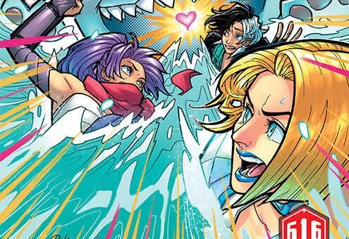 A colorful comic book cover features the title "MARVEL RIVALS TIMESTREAM ADVENTURE" prominently at the top. In the center, a large, cartoonish shark with an open mouth and sharp teeth looms over characters including Psylocke and Jeff the Land Shark, who are depicted in dynamic poses, expressing surprise or determination. The background is vibrant with pink and blue hues, adding to the energetic feel of the scene.