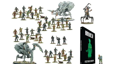 A collection of miniatures from Warlord Games' Konflikt ’47 is displayed, featuring various figures including soldiers, zombies, and mechanical creatures. Prominently featured is the book titled "Konflikt ’47: Festung Europa," which showcases a green silhouette on its cover. Among the miniatures, a notable figure in powered armor and a mechanical creature stand out, highlighting the game's unique blend of historical and fantastical elements.
