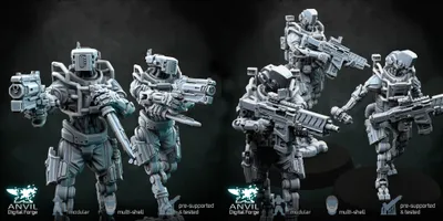Three futuristic military robots are displayed in a dynamic arrangement, each featuring a slim, minimal steel frame with articulated joints. The robots are equipped with heavy assault rifles and one is holding a drone, showcasing a variety of poses and head designs. The models have a modernist aesthetic, suitable for settings in modern warfare, post-apocalyptic, cyberpunk, or sci-fi games, with a dark background enhancing their striking appearance.