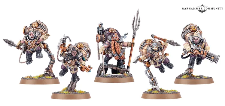 Three Kharadron Overlords miniatures are displayed, showcasing their unique designs. On the left, a dwarf holds a trident and wears a detailed nullsuit, while the central figure, appearing dynamic, is equipped with a spear and a large backpack. The rightmost figure wields a firearm and has a rugged appearance, all standing on textured bases with tufts of grass.
