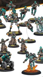 A diverse array of miniatures from the Crucible Guard expansion for Warmachine is displayed, featuring a mix of infantry and warjacks. The models are predominantly teal and brown, showcasing various characters including a heavy warjack, infantry soldiers, and combat alchemists, all set on circular bases with grassy textures. Notable elements include a warjack with a large cannon, soldiers wielding grenades, and a figure emitting flames, highlighting the faction's unique combat style and thematic elements.