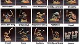 A collection of painted miniature figures, each depicting various goblin-like characters in dynamic poses. The figures are displayed in a grid format, showcasing their unique weapons and features, such as staffs, slings, and clubs. The background is dark, highlighting the detailed paintwork and textures of each miniature, with names labeled beneath each figure.