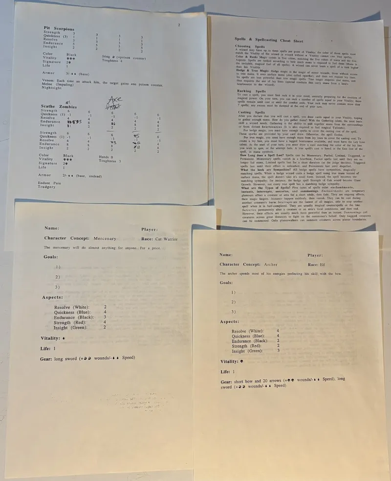 Four sheets of paper are displayed, each containing character sheets for a tabletop role-playing game. The first sheet features a character named "Mercenary," a Cat Warrior, with attributes like Strength, Quickness, and various Aspects, along with a Vitality score and gear details. The second sheet presents an "Archer," an Elf, detailing similar attributes and goals, with a focus on bow skills. Both sheets include numerical values for Aspects and Life, indicating the characters' abilities and equipment. The text is printed in a clear, organized format, with sections for character concepts and gameplay mechanics.