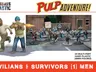 A group of 24 multi-part plastic miniatures representing modern civilians and post-apocalyptic survivors, set against an urban backdrop. The figures include a variety of poses, with some holding weapons and others carrying signs, such as one that reads "RISE UP!" The scene features a mix of clothing styles, showcasing a diverse range of characters suitable for tabletop gaming.