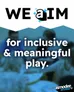 White text on blue background reads: "Asmodee Access+ for inclusive & meaningful play." Blurred background shows multiple people seated around a table, some holding game pieces. Logo at bottom right reads "asmodee access."
