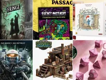 Top left: "PASSAGE" logo, "SECRET PASSAGES" box with colorful fantasy art, text "A CELEBRATION OF CLASSIC TABLETOP GAMING." Top right: "Line by Line" book cover showing a child in a mirror with text "Designed by Tink Stainton."