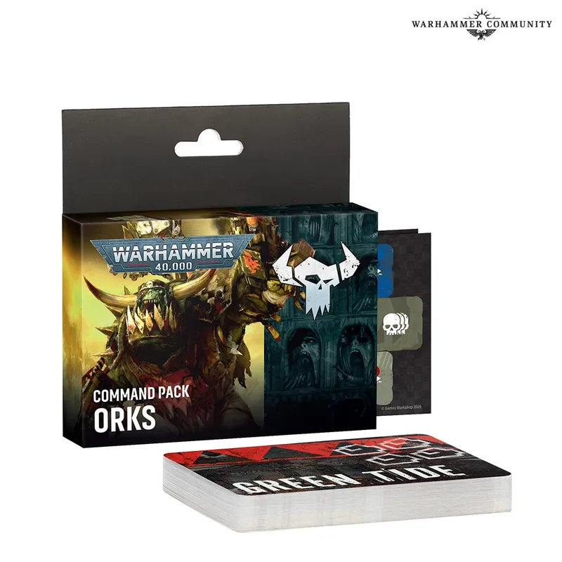 Warhammer 40,000 Command Pack Orks box with cards and "GREEN TIDE" text.