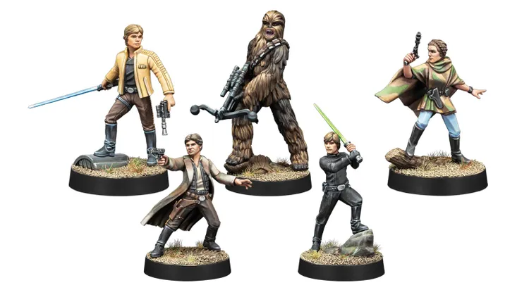 A collection of six detailed miniatures from the Star Wars universe, featuring iconic characters. On the left, a young Luke Skywalker in a tan jacket holds a blaster, followed by Han Solo in a brown coat with a blaster drawn. In the center, Chewbacca stands tall with a crossbow, while another Luke Skywalker, this time in black attire, wields a green lightsaber. To the right, a figure resembling a Jedi stands on a rocky base, completing the ensemble. Each character is intricately painted and posed, showcasing their unique attributes.