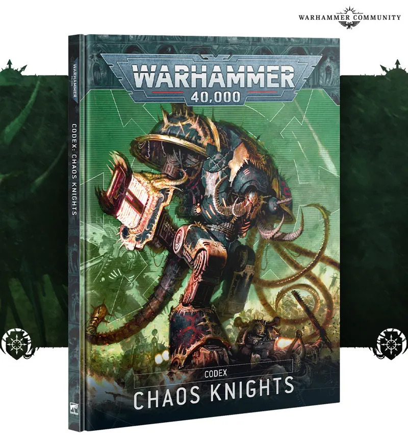 A detailed cover of the "Codex: Chaos Knights" for Warhammer 40,000 features a large, imposing Chaos Knight with intricate designs, including spikes and tentacle-like appendages. The background is a vibrant green with abstract patterns, enhancing the chaotic theme. The title "WARHAMMER 40,000" is prominently displayed at the top, with "CODEX: CHAOS KNIGHTS" at the bottom, emphasizing the focus on the new Chaos Knight models.