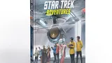 A hardcover book titled "Star Trek Adventures: The Roleplaying Game Species Sourcebook" is prominently displayed, featuring a colorful cover illustration. The scene depicts a diverse group of characters, including various alien species and Starfleet officers, gathered in a futuristic setting resembling a starship interior. The background showcases sleek technology and a large circular device, emphasizing the sci-fi theme of the Star Trek universe.