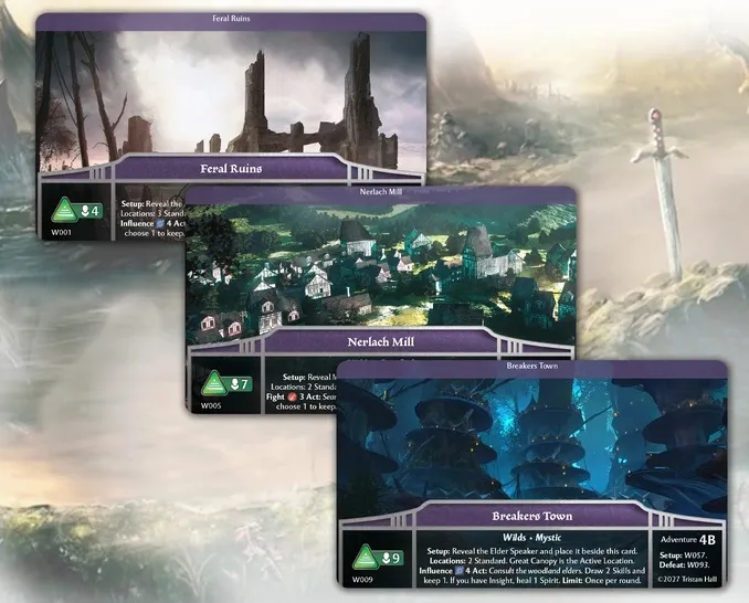 Feral Ruins, Nerlach Mill, Breakers Town cards with fantasy artwork and text.