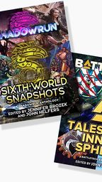 Two fiction anthologies are displayed: "Sixth World Snapshots" and "Tales of the Inner Sphere." "Sixth World Snapshots," featuring vibrant artwork related to Shadowrun, is edited by Jennifer Brozek and John Helfers, with the title prominently displayed in bold yellow text. "Tales of the Inner Sphere," showcasing elements from the Battletech universe, is also edited by John Helfers and features a striking design with various symbols and imagery associated with Battletech. Both covers are colorful and dynamic, reflecting the themes of their respective universes.