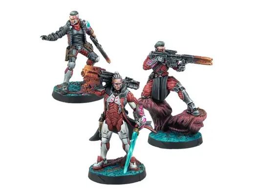 A trio of miniatures from the Combined Army Action Pack features three distinct characters, each posed dynamically on circular bases. The first figure, on the left, is dressed in a tactical outfit with a cybernetic arm and holds a weapon. The central figure, clad in a sleek, armored suit, wields a glowing sword and has a determined expression. The third figure, on the right, is dressed in a long coat and aims a futuristic rifle, showcasing a blend of human and alien enhancements. The bases are detailed with a textured surface, enhancing the sci-fi theme.