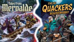The image features two book covers side by side. On the left, "Tales from Mervalde" showcases a dramatic scene with adventurers in a boat navigating turbulent waters, surrounded by dark trees and a stormy sky. On the right, "Five Go Quackers in Duckton Abbey" displays a group of anthropomorphic ducks and a wolf, dressed in adventurer attire, set against a moonlit backdrop, emphasizing a humorous and whimsical tone. The titles are prominently displayed in bold, eye-catching fonts.