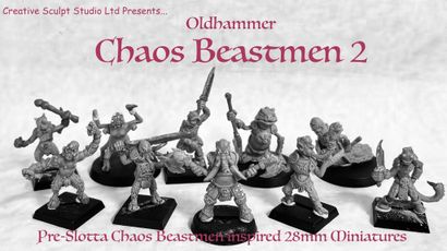 A collection of ten hand-sculpted beastmen miniatures is displayed, showcasing a variety of bizarre mutations, including hooves, tentacles, and horns. Each figure is cast in white metal and features unique weapons and minimal armor, emphasizing their grotesque designs. The text "Oldhammer Chaos Beastmen 2" is prominently featured, along with a subtitle indicating they are inspired by 28mm miniatures.