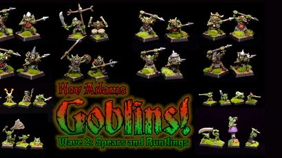 The image showcases a collection of dynamic goblin miniatures sculpted by Kev Adams, arranged on a dark background. There are 17 goblins prominently displayed, including a leader and a command group, all equipped with various weapons like spears and axes, along with 12 spearmen. Additionally, several runtlings are featured at the bottom, each with unique poses and expressions, highlighting their character and charm. The text "Kev Adams Goblins! Wave 2: Spears and Runtlings" is artistically integrated into the design, emphasizing the theme of the Kickstarter campaign.