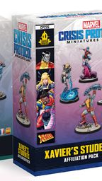 Two character packs for Marvel: Crisis Protocol are displayed side by side. On the left, the "Iron Lad, Iron Monger, Kang the Conqueror & Rescue" pack features a dark box with images of the characters, including a menacing Iron Monger and a sleek Iron Lad. On the right, the "Xavier’s Students Affiliation Pack" showcases a lighter box with illustrations of mutant heroes like Colossus and Nightcrawler, each depicted in dynamic poses. Both packs highlight the miniatures prominently, emphasizing their detailed designs.