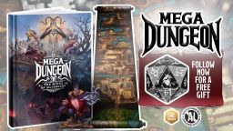 A visually striking cover of a book titled "Mega Dungeon: The Mines of Silverdeep" features a dramatic illustration with various fantasy characters, including a menacing figure and a regal-looking character in the foreground. Beside the book, a detailed scroll map showcases intricate dungeon layouts, while a large, stylized die is positioned in the corner, indicating its relevance to tabletop gaming. The overall composition emphasizes the adventurous and immersive nature of the gaming experience.