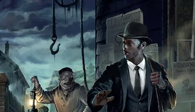 Man in suit and hat, zombie-like figure with lantern, dark street, "Call of Cthulhu Innsmouth" text.