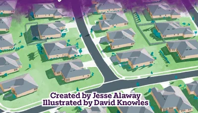 HOA logo with text "Always Close To Home" over a suburban neighborhood map and silhouettes of people.